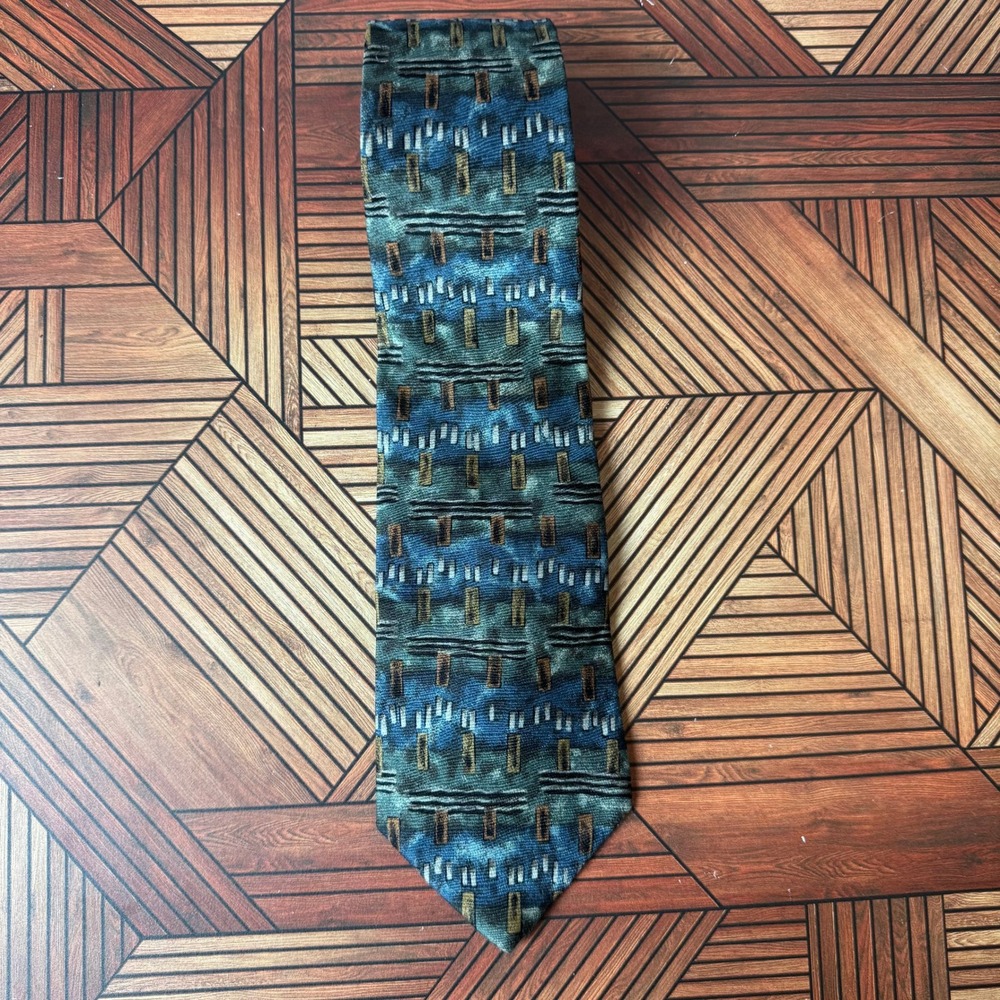 Vintage Bugatti Mens Tie Blue Teal Abstract Geometric 100% Italian Silk Necktie